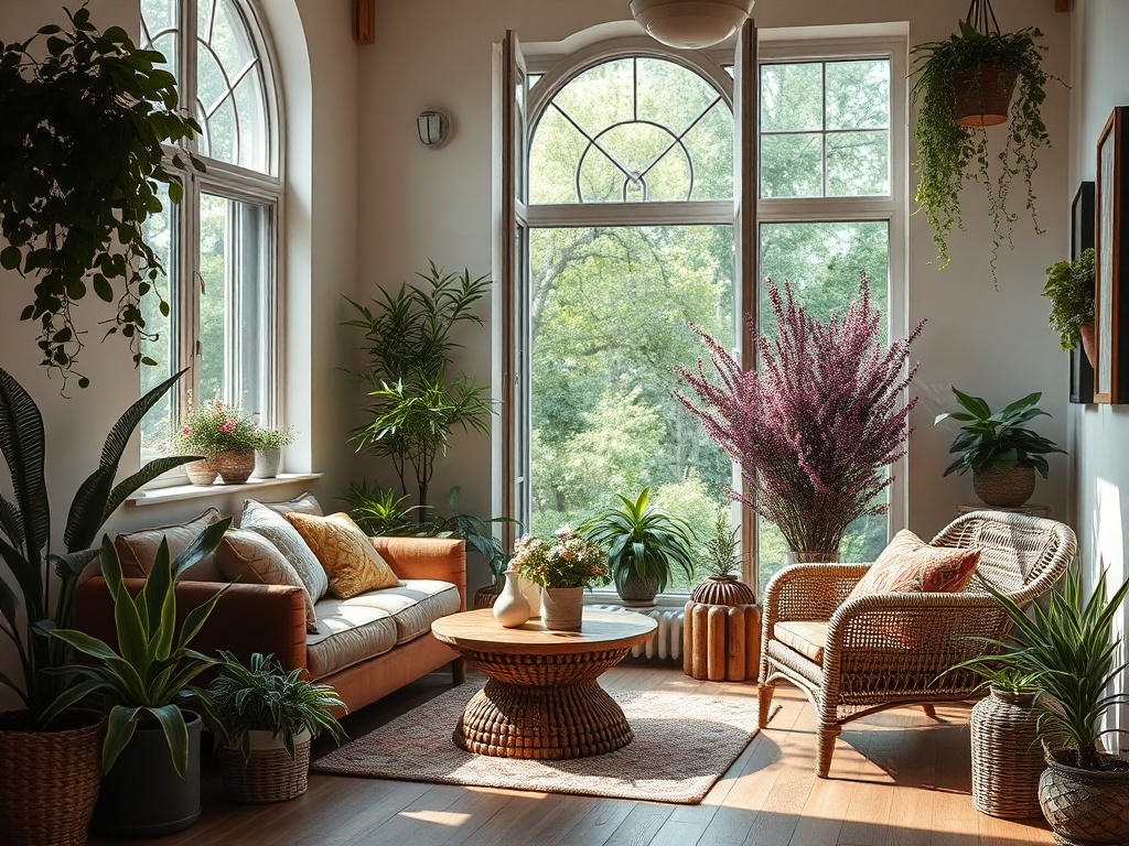 Светлая гостиная с зелеными растениями, окнами и уютной мебелью, создающая атмосферу комфорта.
