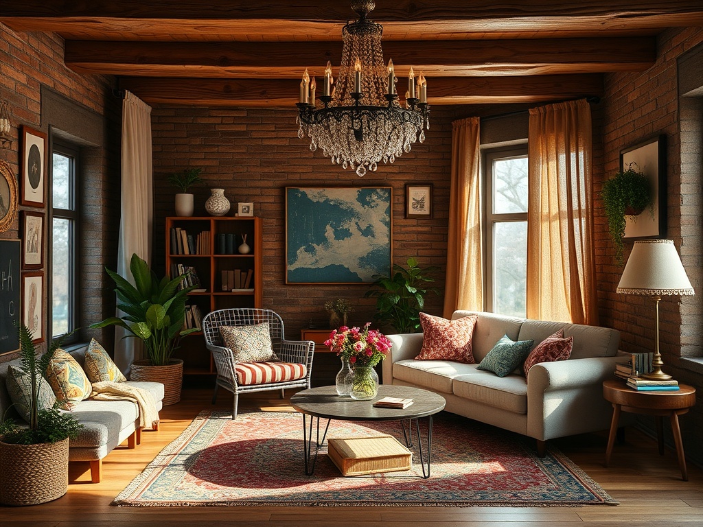 Уютная гостиная с кирпичными стенами, диваном, книжным шкафом и chandelier. Цветы добавляют атмосферу.