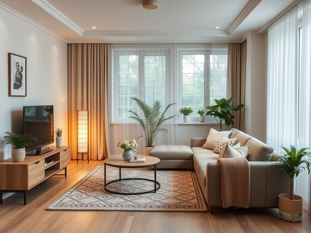Современная гостиная с тёплыми тонами, уютным диваном и растениями у окна. Пространство наполнено светом.