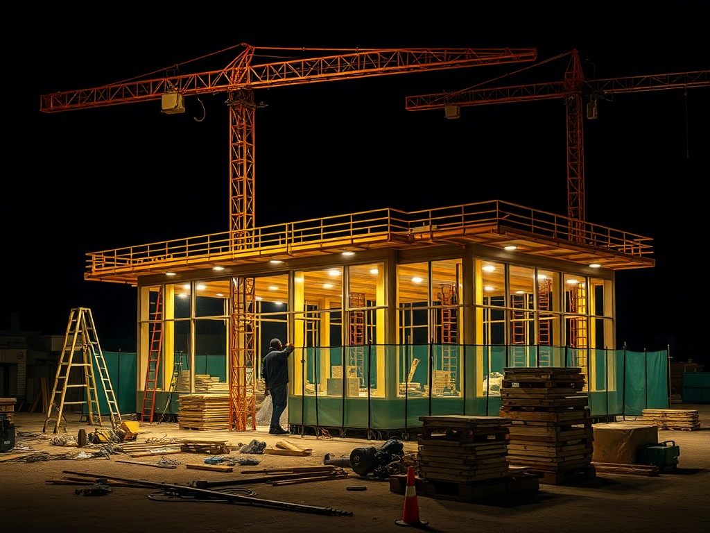 Стройка здания ночью с кранами, рабочий за подготовкой, лестницы и строительные материалы вокруг.
