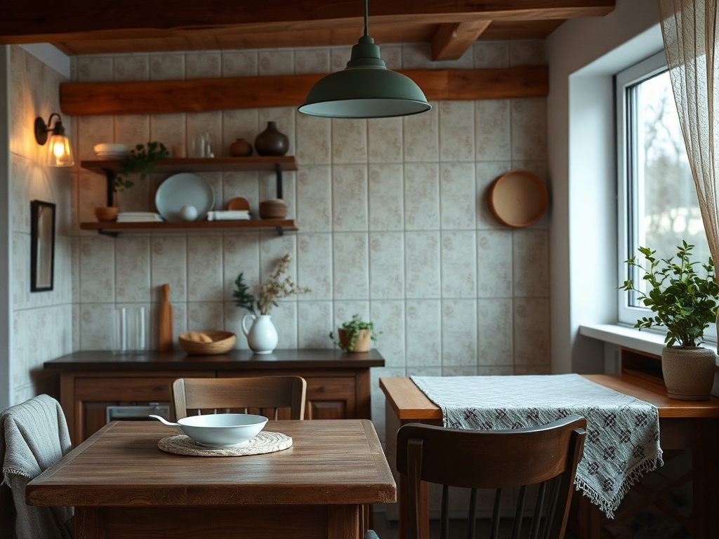 Светлая кухня с деревянной мебелью, столом, тарелкой и растениями на окне. Теплая атмосфера уюта.