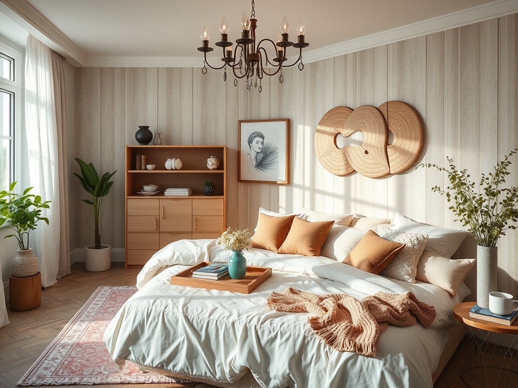 Уютная спальня с большой кроватью, мягкими подушками, шкафом и зелеными растениями у окна. Светло и красиво.