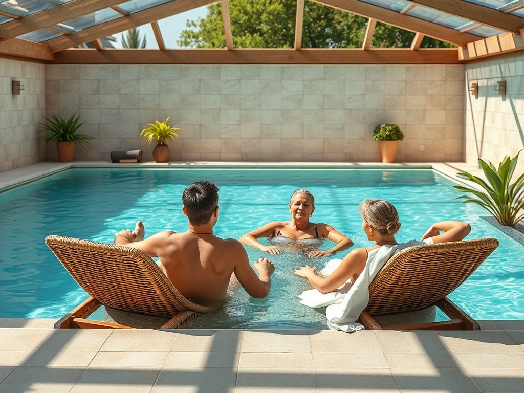 Два человека отдыхают у бассейна с третьей женщиной, наслаждаясь солнечным днем в уютном помещении.