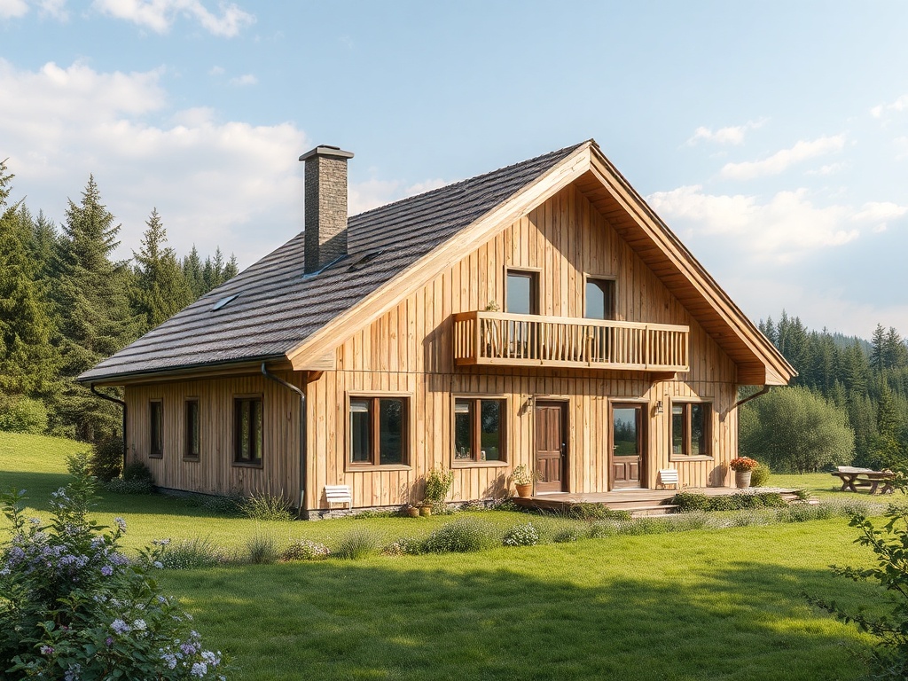 Деревянный дом с балконом на фоне зелёного пейзажа и леса под ясным небом.