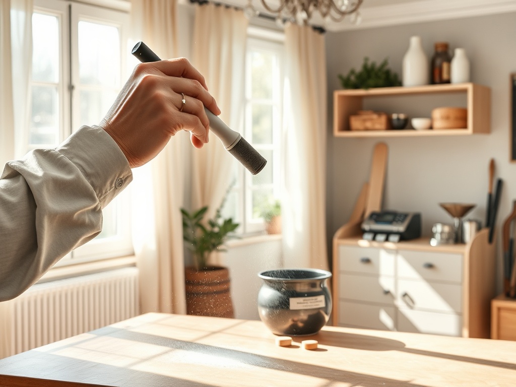 Человек в светлой рубашке добавляет порошок в черный котел на кухонном столе. Солнечный свет освещает комнату.