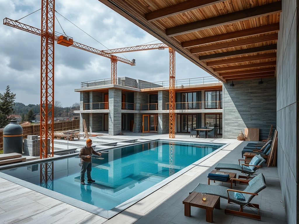 Строящийся дом с бассейном, рабочий на фоне, строительные краны, облачное небо.