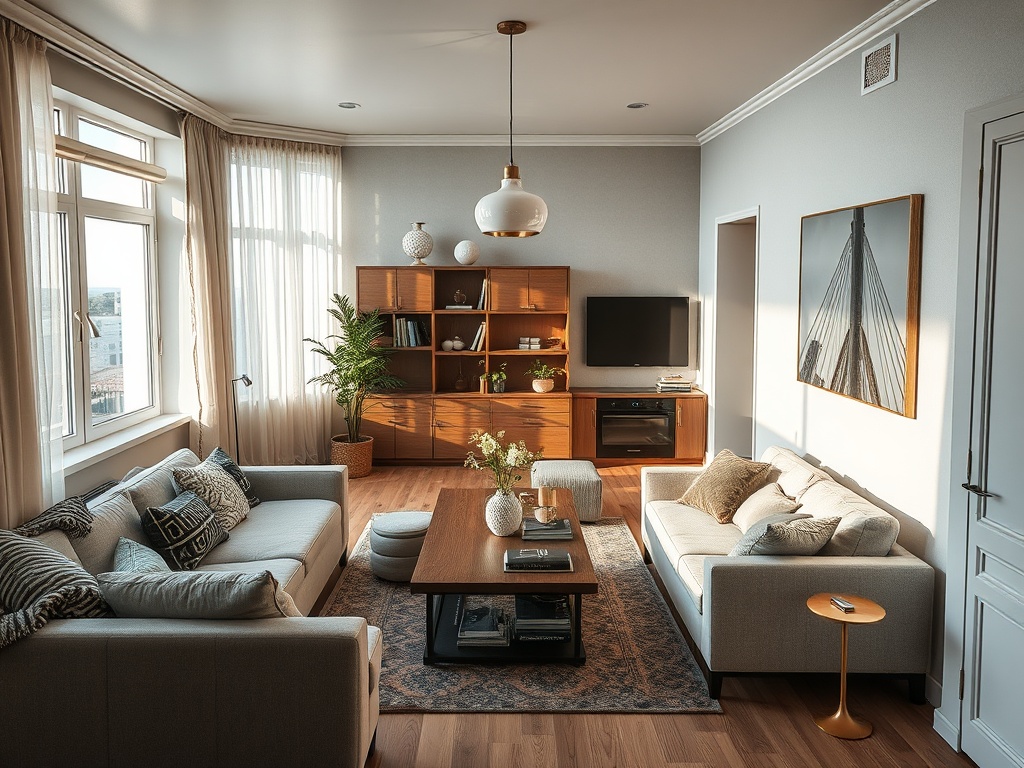 Современная гостиная с большими окнами, двумя диванами, телевизором и деревянным шкафом. Яркое и уютное пространство.