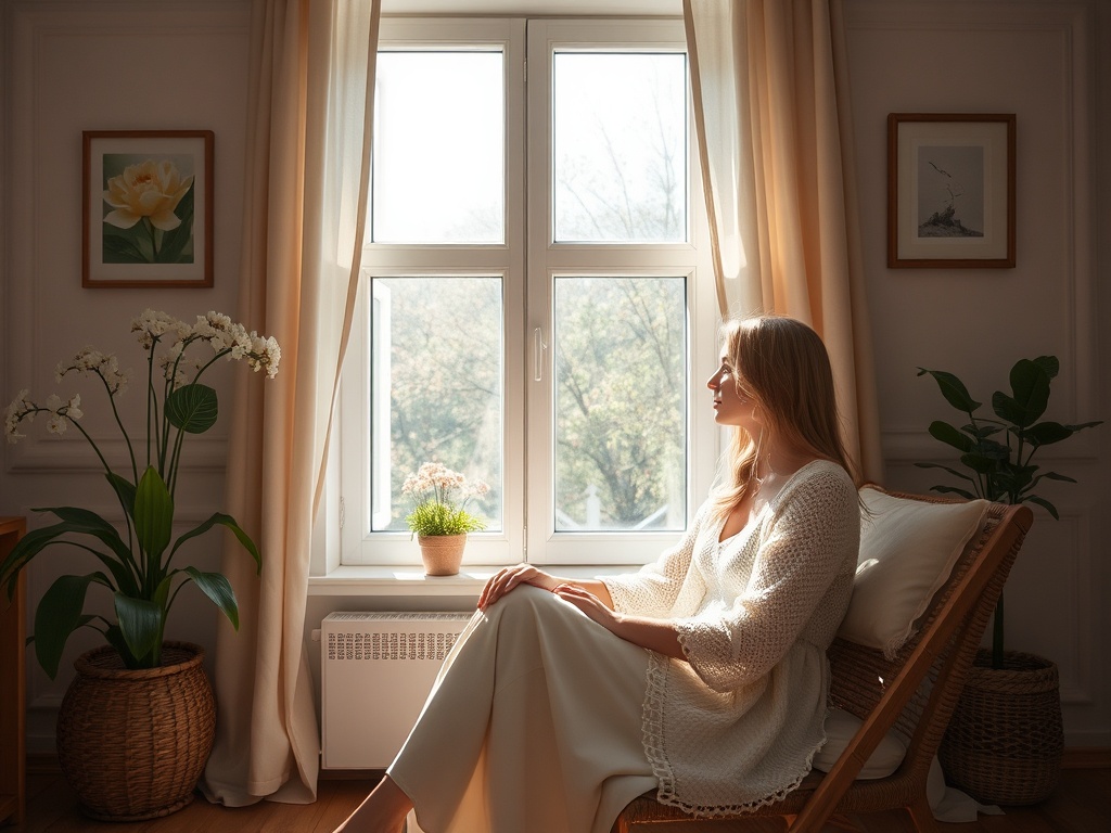 Женщина с длинными волосами сидит у окна, окруженная растениями и уютной атмосферой. Солнечный свет наполняет комнату.
