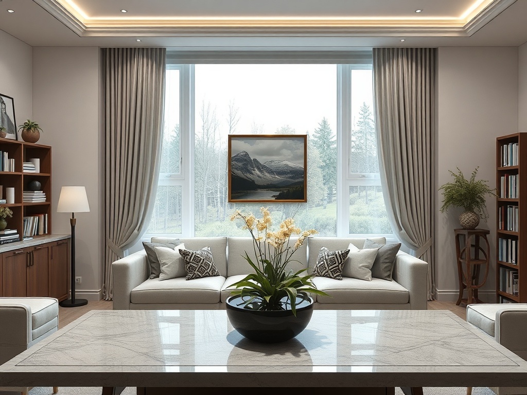 Современная гостиная с уютной мебелью, большими окнами и живописным пейзажем в картине.