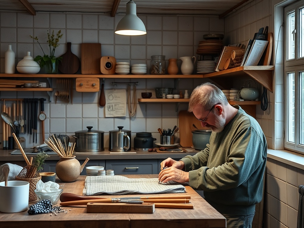 Старший мужчина работает на кухне, аккуратно складывая ткань на столе среди посуды и кухонных принадлежностей.