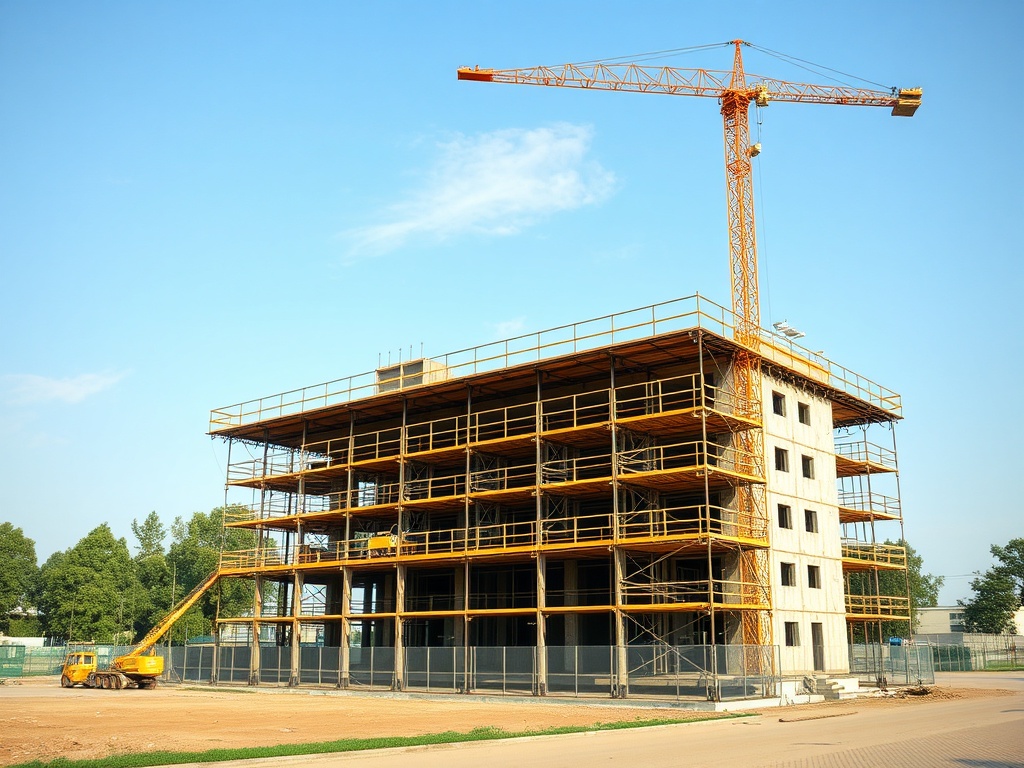 Строящееся здание с высоким краном и строительной техникой на фоне ясного неба и зелени вокруг.