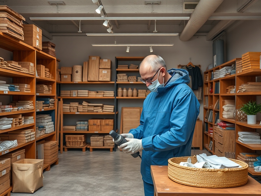 Мужчина в защитной маске изучает бутылку в магазине с деревянными и текстильными изделиями.
