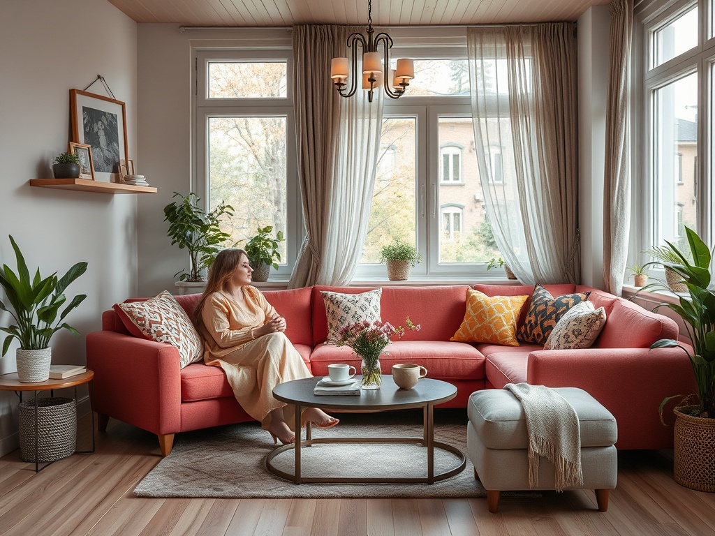 Женщина сидит на розовом диване в уютной комнате с большими окнами и зелеными растениями вокруг.