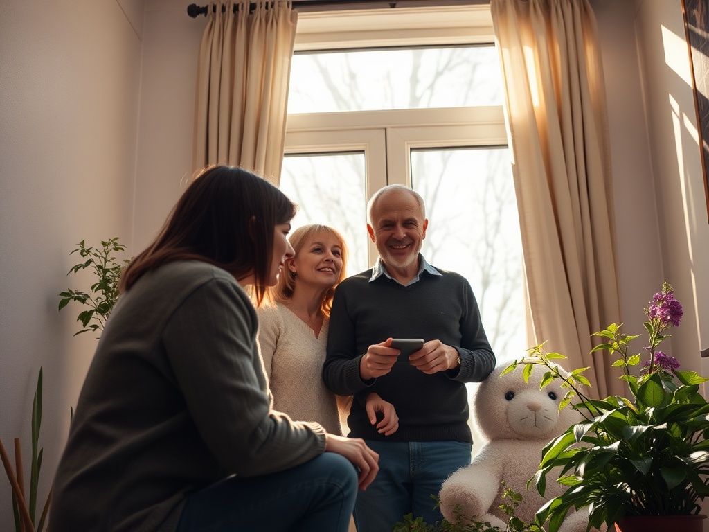 Семья общается у окна, окруженная растениями, с игрушечным медведем на переднем плане. Счастливые моменты.