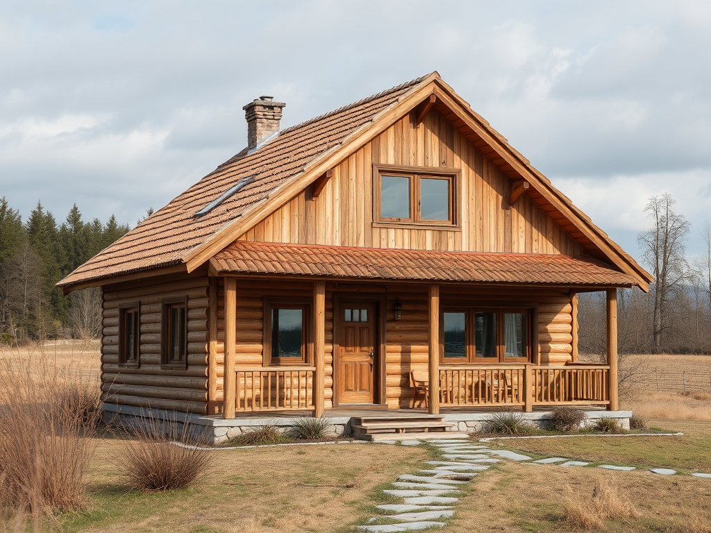Деревянный дом с крышей из черепицы, окруженный природой и ухоженным ландшафтом.