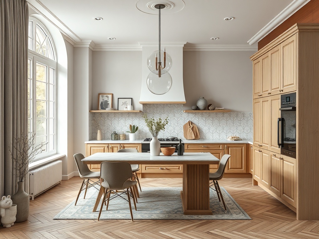 Современная кухонная обстановка с деревянными фасадами, столом, стульями и уютными элементами декора.