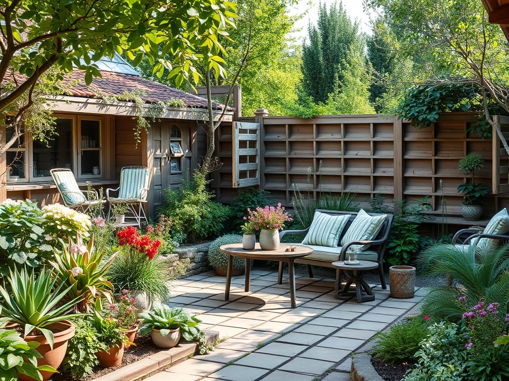 Уютный сад с плетеными креслами, цветами и столиком для отдыха на солнечном деньке.