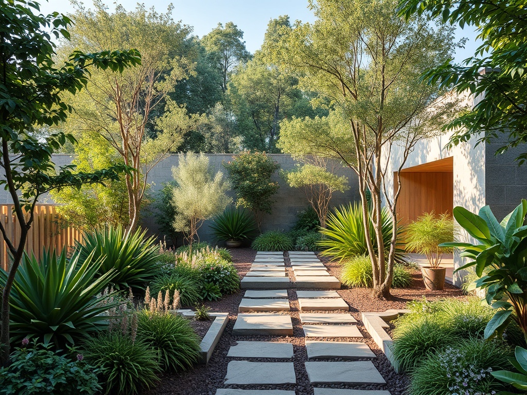 Солнечный сад с каменными дорожками и зелеными растениями, окруженный деревьями и стенами.