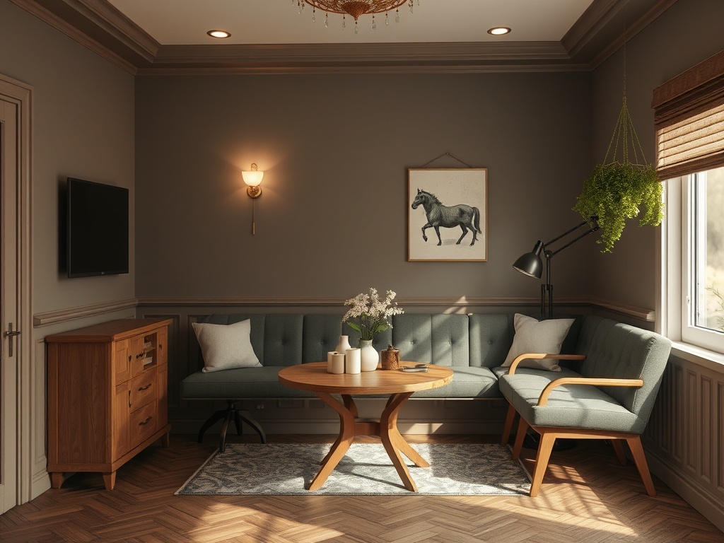 Уютный уголок с диваном, круглым столом и живым растением, украшенный картиной с лошадью.