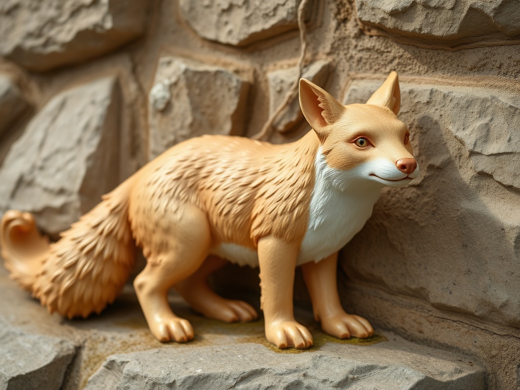 Фигура лисы из пластика, стоящая на фоне каменной стены. Лиса светло-коричневого цвета с пушистым хвостом.