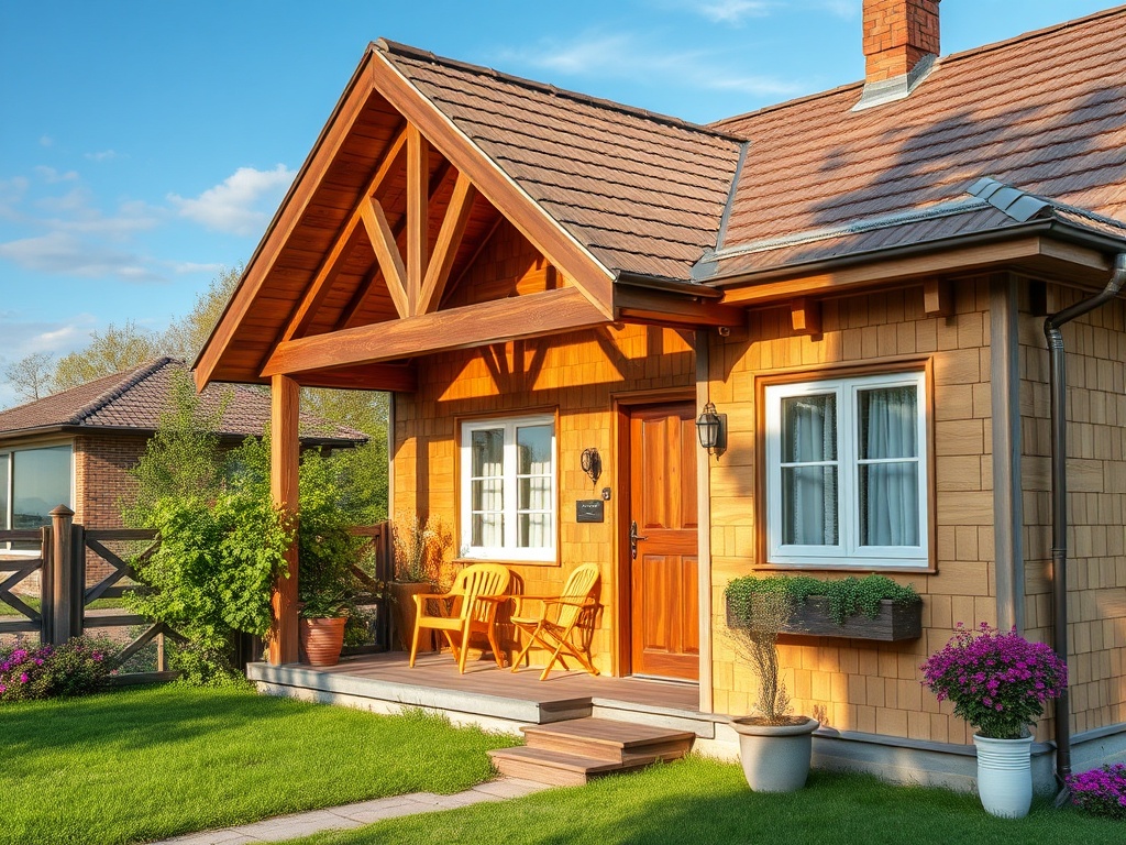 Солнечный домик с деревянной отделкой, террасой и цветами на лужайке. Спокойная и уютная обстановка.