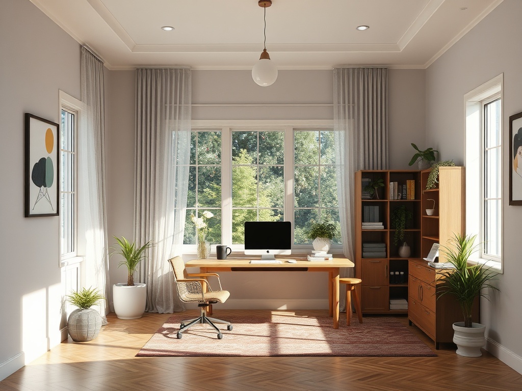 Светлый домашний офис с большим окном, деревянным столом и живыми растениями. Спокойная атмосфера.