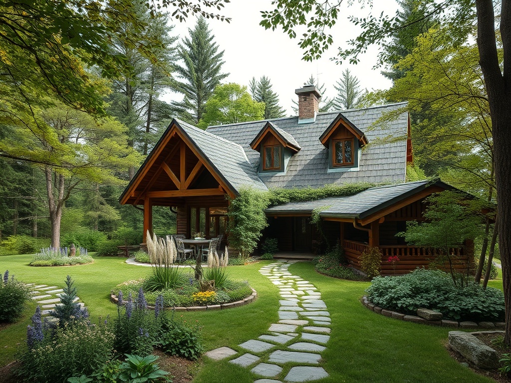 Уютный загородный дом с зелеными насаждениями и каменной дорожкой, окруженный лесом.