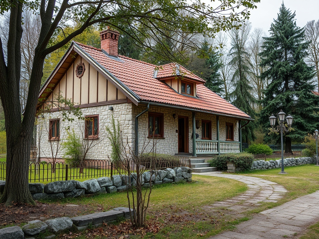 Красивая загородная дом с красной черепичной крышей на фоне зелёных деревьев и ухоженного сада.