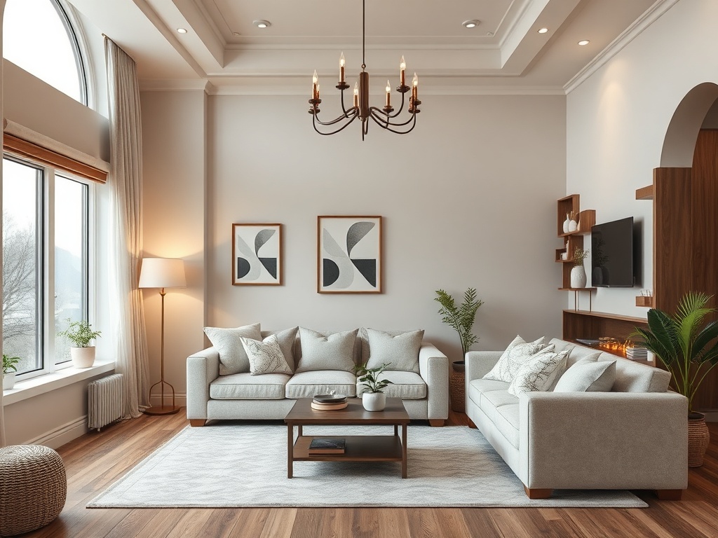 Современный светлый салон с двухпольными диванами, камином и зелеными растениями у окон.